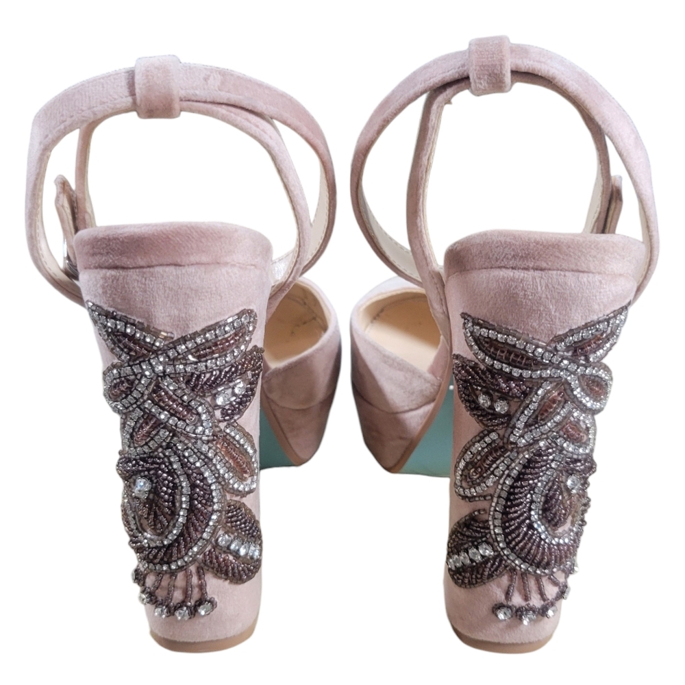 Betsey Johnson Blush Pink Velvet Platform Heels with Embellished Block Heel - Picture 3 of 15
